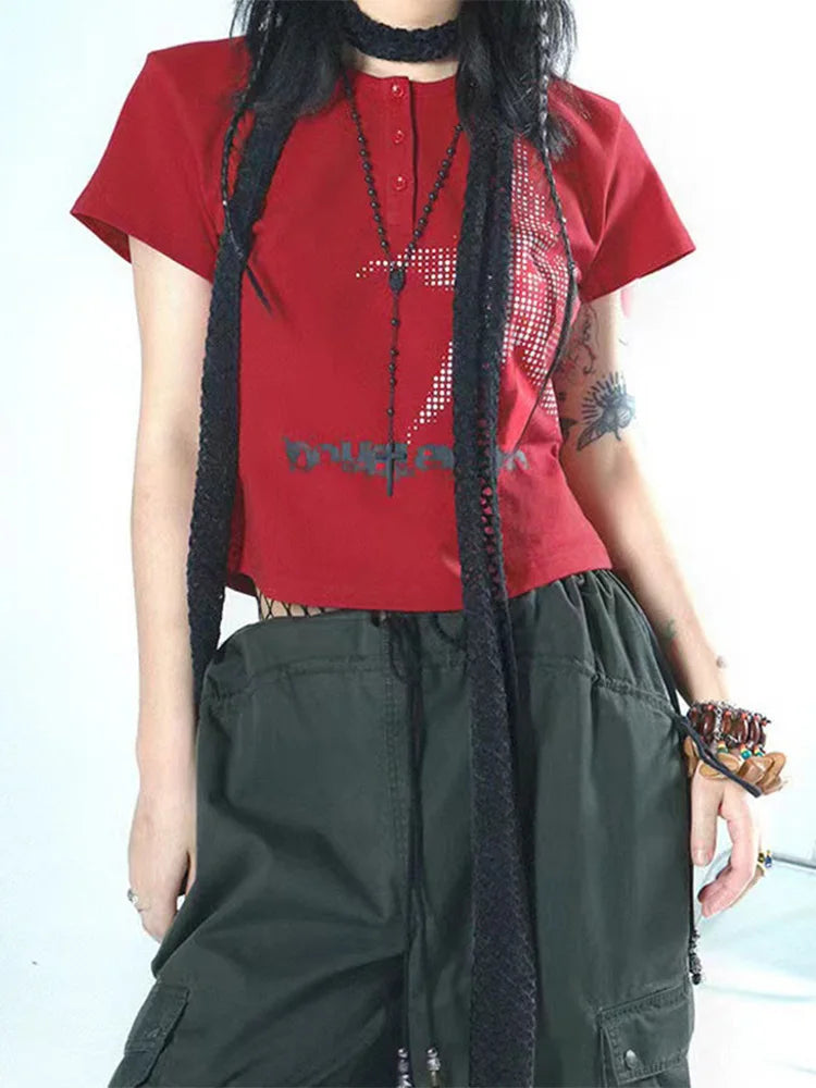 Harajuku Star Pattern Crop Top Womens Short Sleeve Round Neck Graphic Tee Y2K Streetwear Shirt