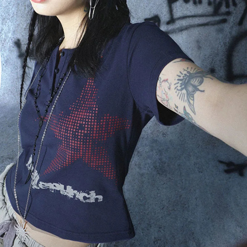 Harajuku Star Pattern Crop Top Womens Short Sleeve Round Neck Graphic Tee Y2K Streetwear Shirt