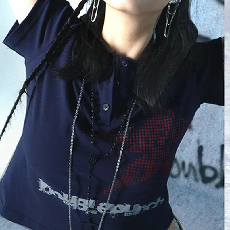 Harajuku Star Pattern Crop Top Womens Short Sleeve Round Neck Graphic Tee Y2K Streetwear Shirt