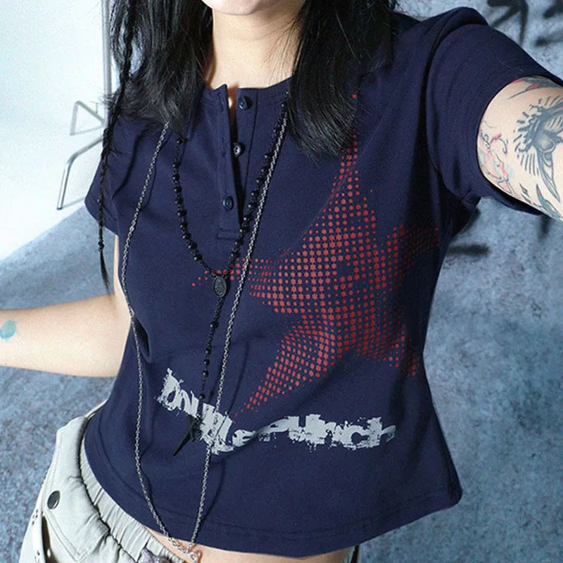 Harajuku Star Pattern Crop Top Womens Short Sleeve Round Neck Graphic Tee Y2K Streetwear Shirt