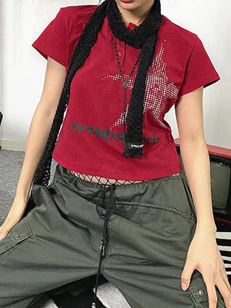Harajuku Star Pattern Crop Top Womens Short Sleeve Round Neck Graphic Tee Y2K Streetwear Shirt