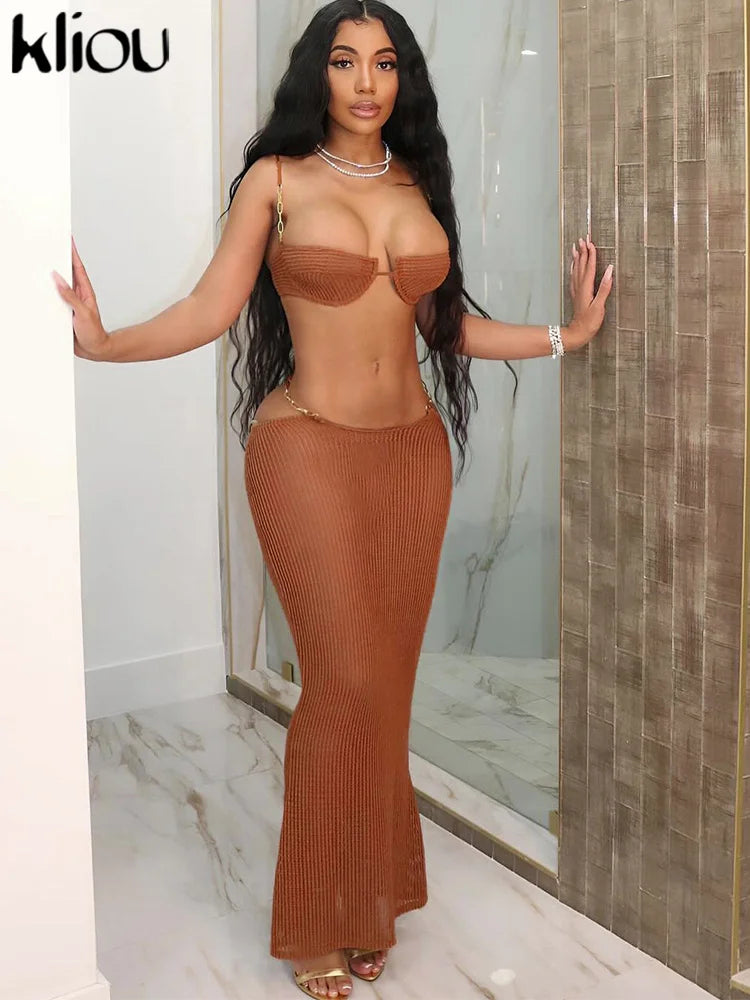 Summer Women Mid-Calf Two Piece Set Sexy Chain Camisole and Hip Skirt Grid Pattern Party Outfit