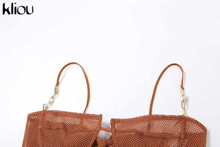 Summer Women Mid-Calf Two Piece Set Sexy Chain Camisole and Hip Skirt Grid Pattern Party Outfit