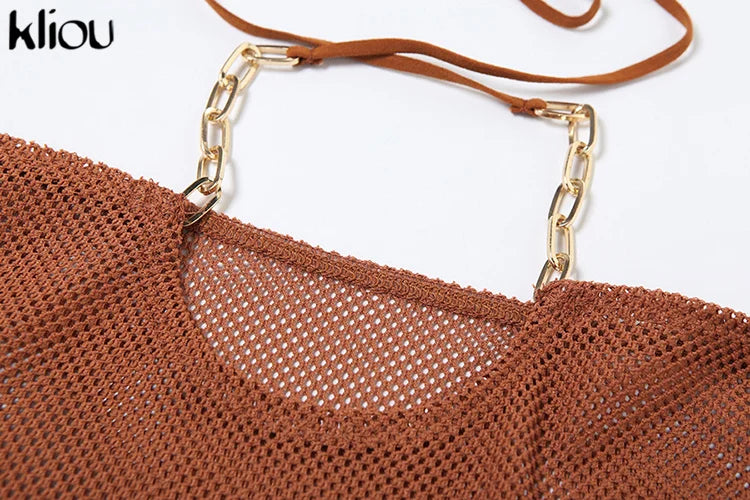 Summer Women Mid-Calf Two Piece Set Sexy Chain Camisole and Hip Skirt Grid Pattern Party Outfit