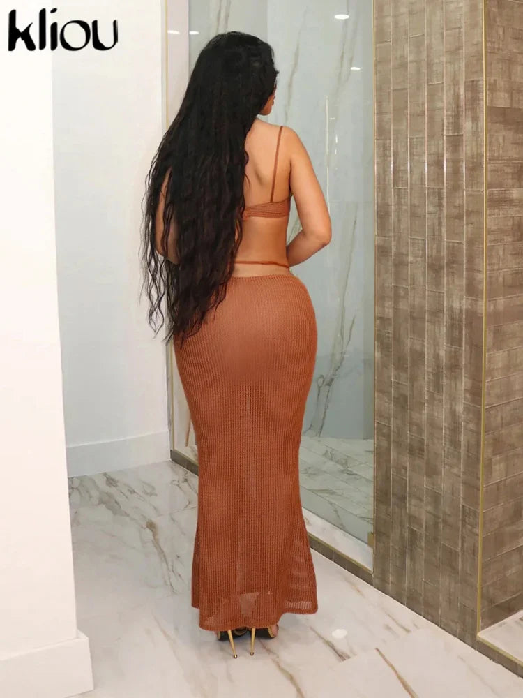 Summer Women Mid-Calf Two Piece Set Sexy Chain Camisole and Hip Skirt Grid Pattern Party Outfit