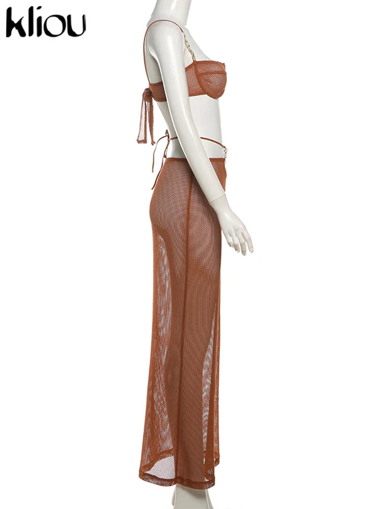 Summer Women Mid-Calf Two Piece Set Sexy Chain Camisole and Hip Skirt Grid Pattern Party Outfit