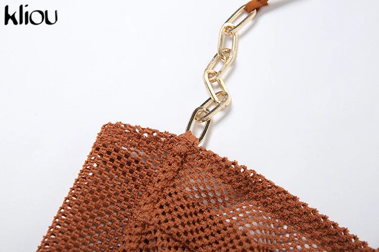 Summer Women Mid-Calf Two Piece Set Sexy Chain Camisole and Hip Skirt Grid Pattern Party Outfit