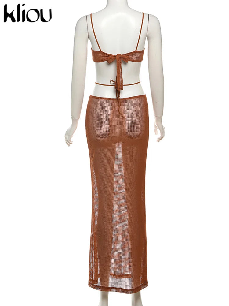 Summer Women Mid-Calf Two Piece Set Sexy Chain Camisole and Hip Skirt Grid Pattern Party Outfit