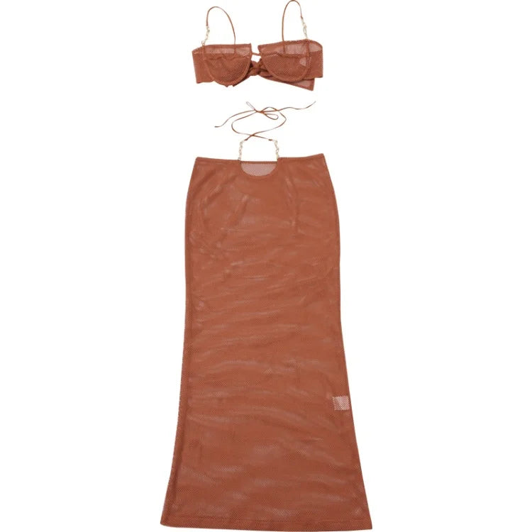 Summer Women Mid-Calf Two Piece Set Sexy Chain Camisole and Hip Skirt Grid Pattern Party Outfit