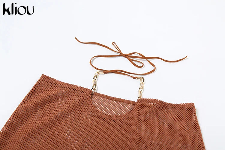 Summer Women Mid-Calf Two Piece Set Sexy Chain Camisole and Hip Skirt Grid Pattern Party Outfit