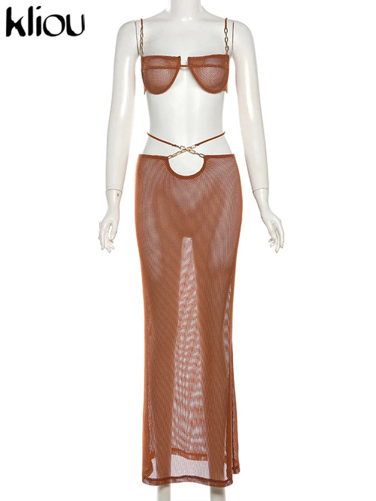 Summer Women Mid-Calf Two Piece Set Sexy Chain Camisole and Hip Skirt Grid Pattern Party Outfit