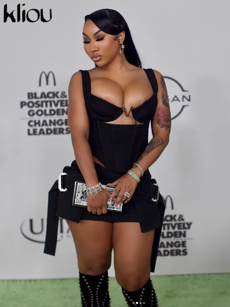 Solid Trendy Two-Piece Women's Cutout Zip-Up Crop Tank and High Waist Cross Ribbon Skirt Set Party Clubwear