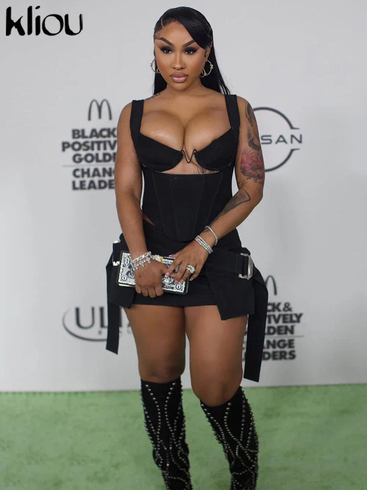 Solid Trendy Two-Piece Women's Cutout Zip-Up Crop Tank and High Waist Cross Ribbon Skirt Set Party Clubwear