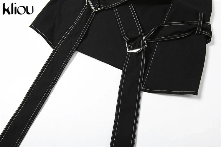 Solid Trendy Two-Piece Women's Cutout Zip-Up Crop Tank and High Waist Cross Ribbon Skirt Set Party Clubwear