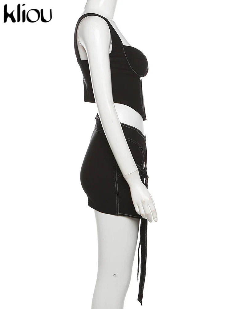 Solid Trendy Two-Piece Women's Cutout Zip-Up Crop Tank and High Waist Cross Ribbon Skirt Set Party Clubwear