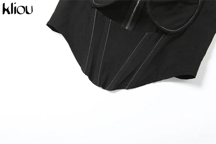 Solid Trendy Two-Piece Women's Cutout Zip-Up Crop Tank and High Waist Cross Ribbon Skirt Set Party Clubwear