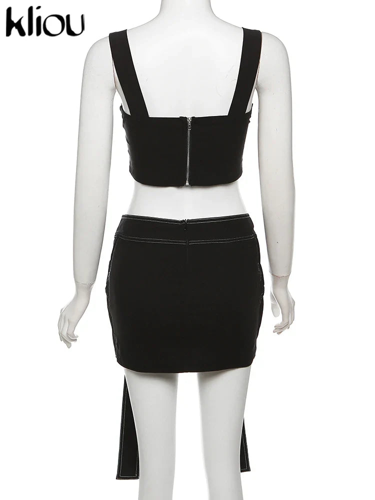 Solid Trendy Two-Piece Women's Cutout Zip-Up Crop Tank and High Waist Cross Ribbon Skirt Set Party Clubwear