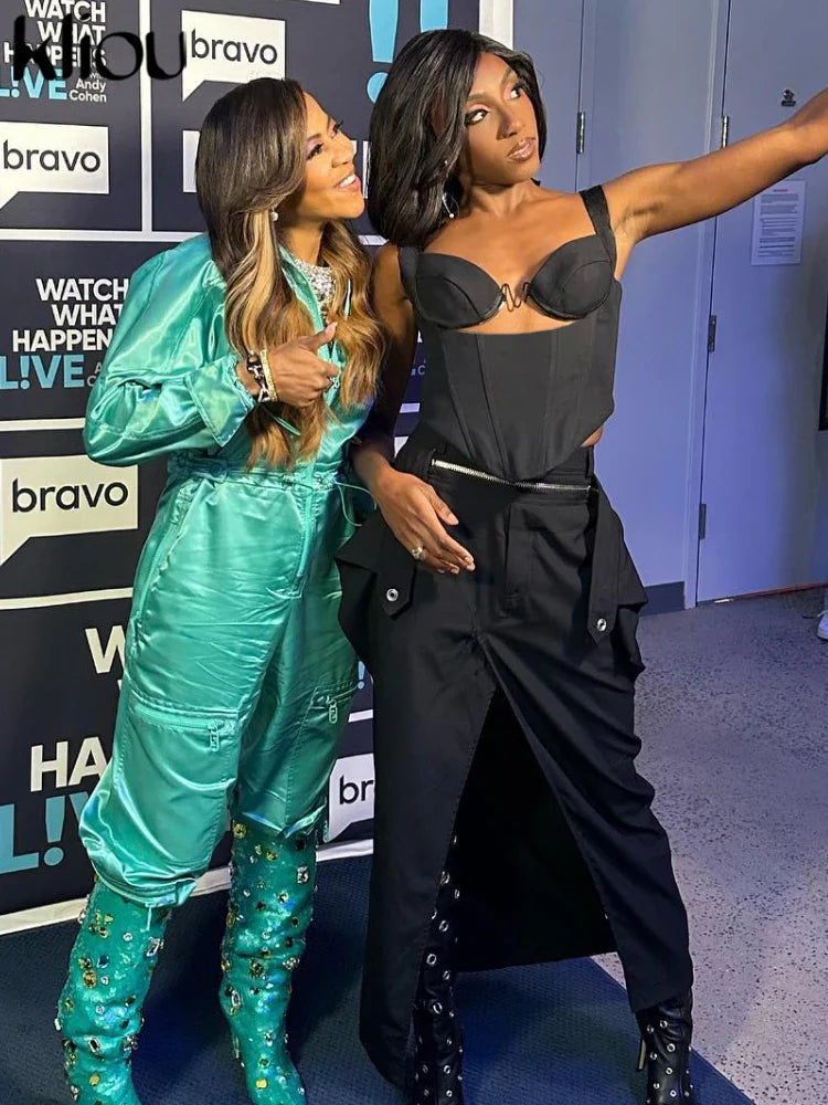 Solid Trendy Two-Piece Women's Cutout Zip-Up Crop Tank and High Waist Cross Ribbon Skirt Set Party Clubwear