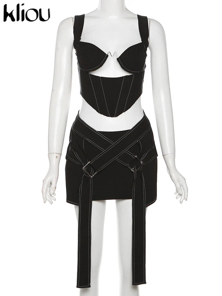 Solid Trendy Two-Piece Women's Cutout Zip-Up Crop Tank and High Waist Cross Ribbon Skirt Set Party Clubwear