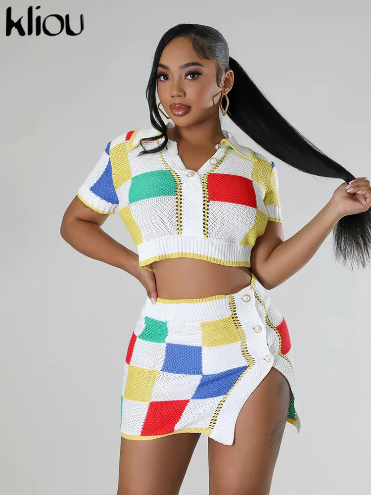 Colorful Plaid Knitted Two Piece Set For Women Short Sleeve Lapel Button Sweater With Matching Hip Skirt Stylish Daily Casual Outfit