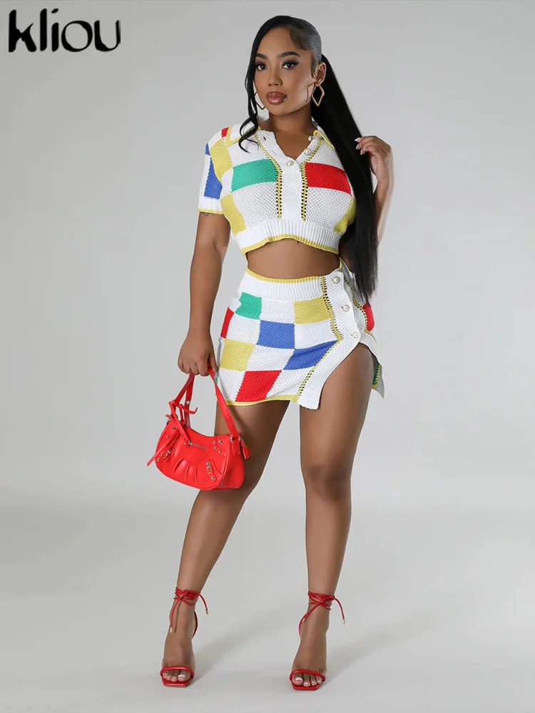 Colorful Plaid Knitted Two Piece Set For Women Short Sleeve Lapel Button Sweater With Matching Hip Skirt Stylish Daily Casual Outfit