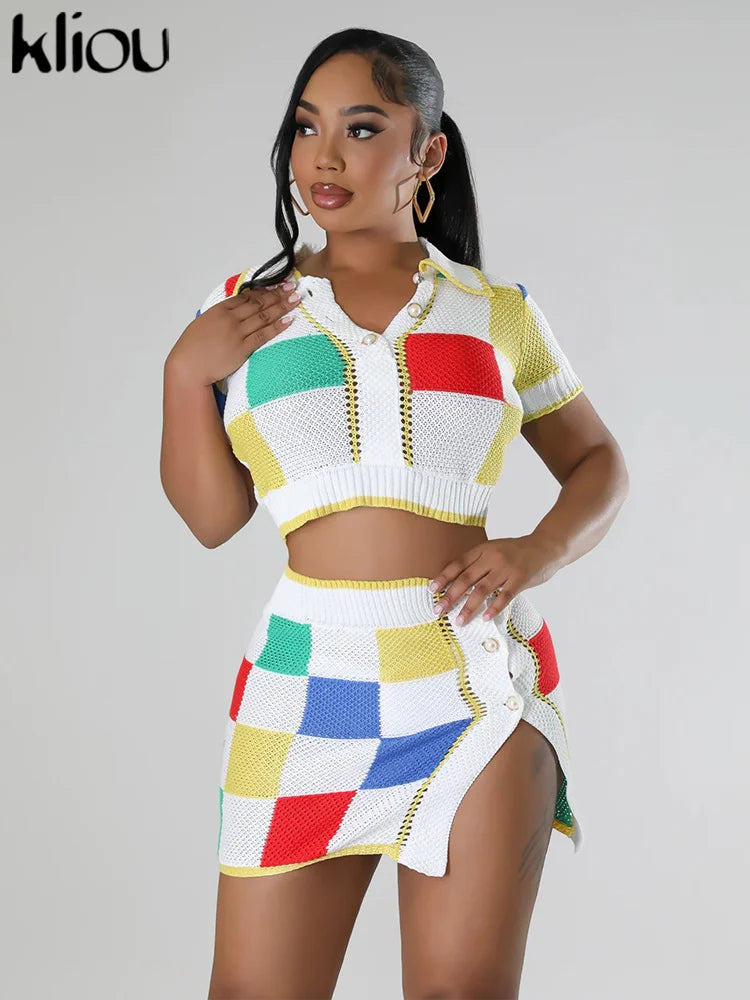 Colorful Plaid Knitted Two Piece Set For Women Short Sleeve Lapel Button Sweater With Matching Hip Skirt Stylish Daily Casual Outfit
