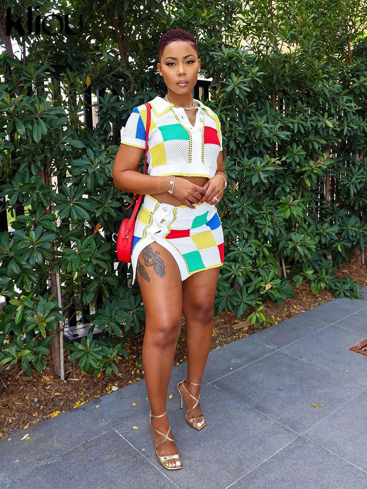 Colorful Plaid Knitted Two Piece Set For Women Short Sleeve Lapel Button Sweater With Matching Hip Skirt Stylish Daily Casual Outfit