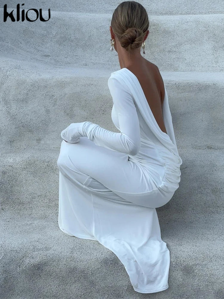 Elegant Women's Maxi Dress with Full Sleeves and Backless Design, Classic Fall Swinging Sheath Evening Robe