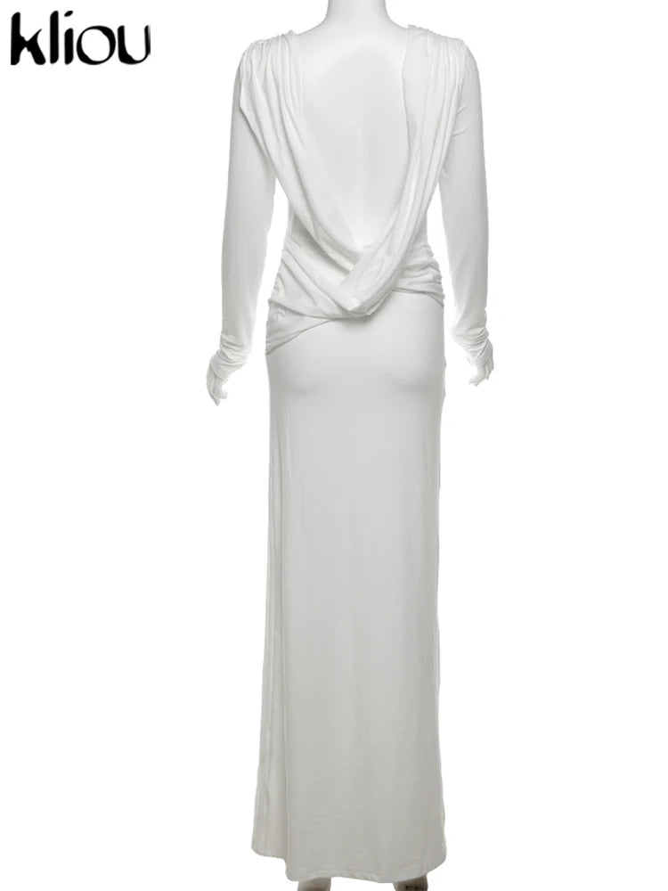 Elegant Women's Maxi Dress with Full Sleeves and Backless Design, Classic Fall Swinging Sheath Evening Robe