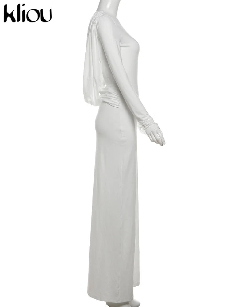 Elegant Women's Maxi Dress with Full Sleeves and Backless Design, Classic Fall Swinging Sheath Evening Robe