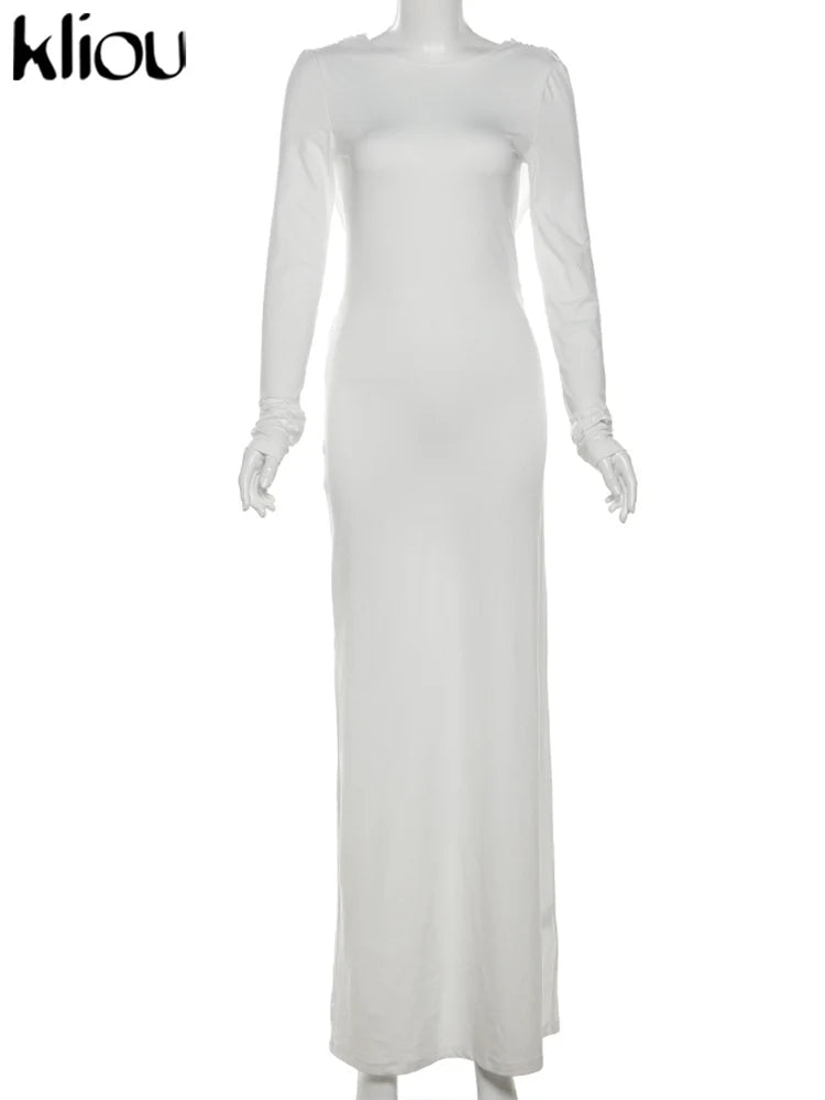 Elegant Women's Maxi Dress with Full Sleeves and Backless Design, Classic Fall Swinging Sheath Evening Robe