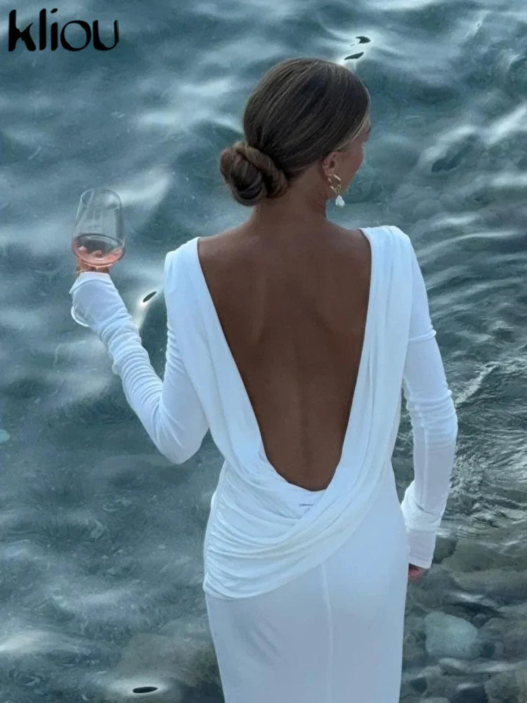 Elegant Women's Maxi Dress with Full Sleeves and Backless Design, Classic Fall Swinging Sheath Evening Robe