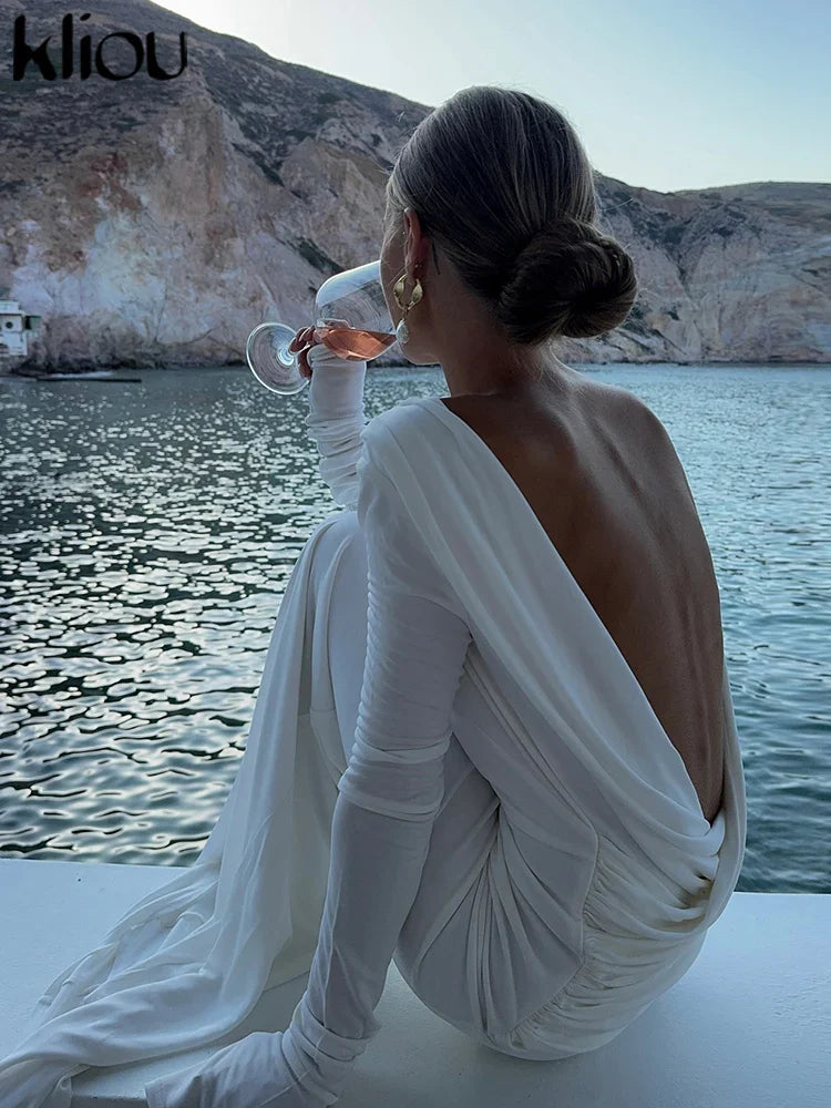 Elegant Women's Maxi Dress with Full Sleeves and Backless Design, Classic Fall Swinging Sheath Evening Robe