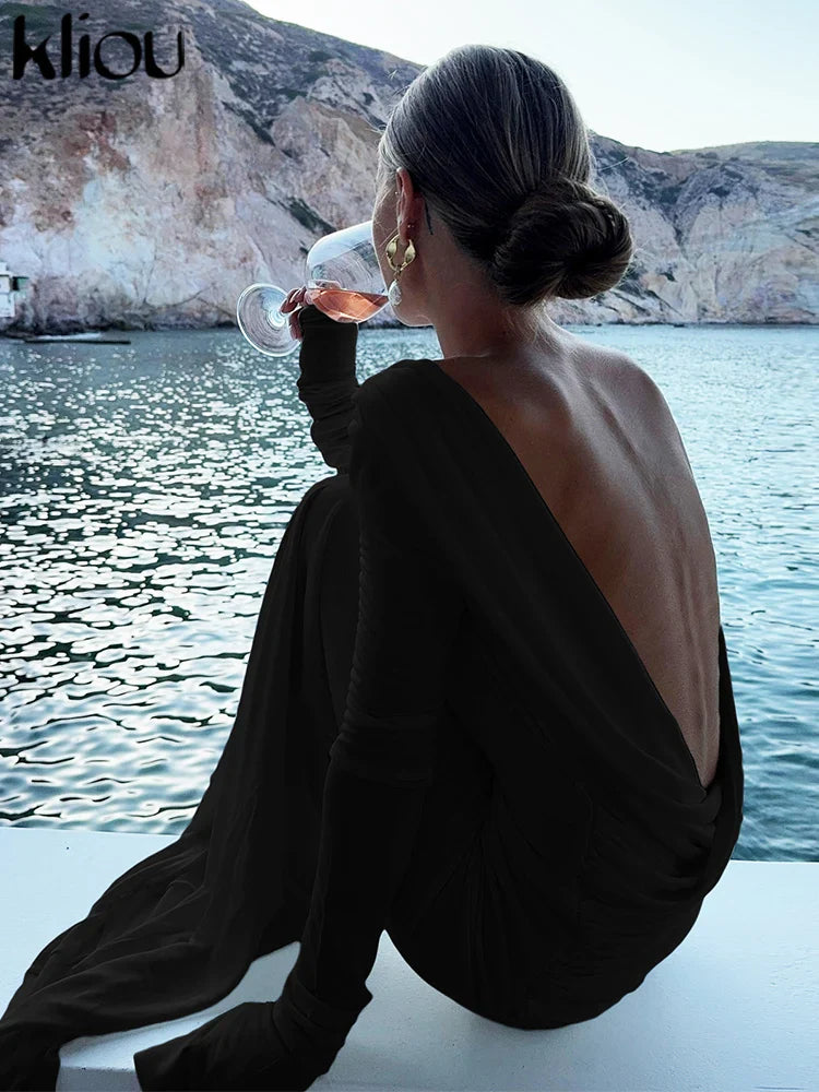 Elegant Women's Maxi Dress with Full Sleeves and Backless Design, Classic Fall Swinging Sheath Evening Robe