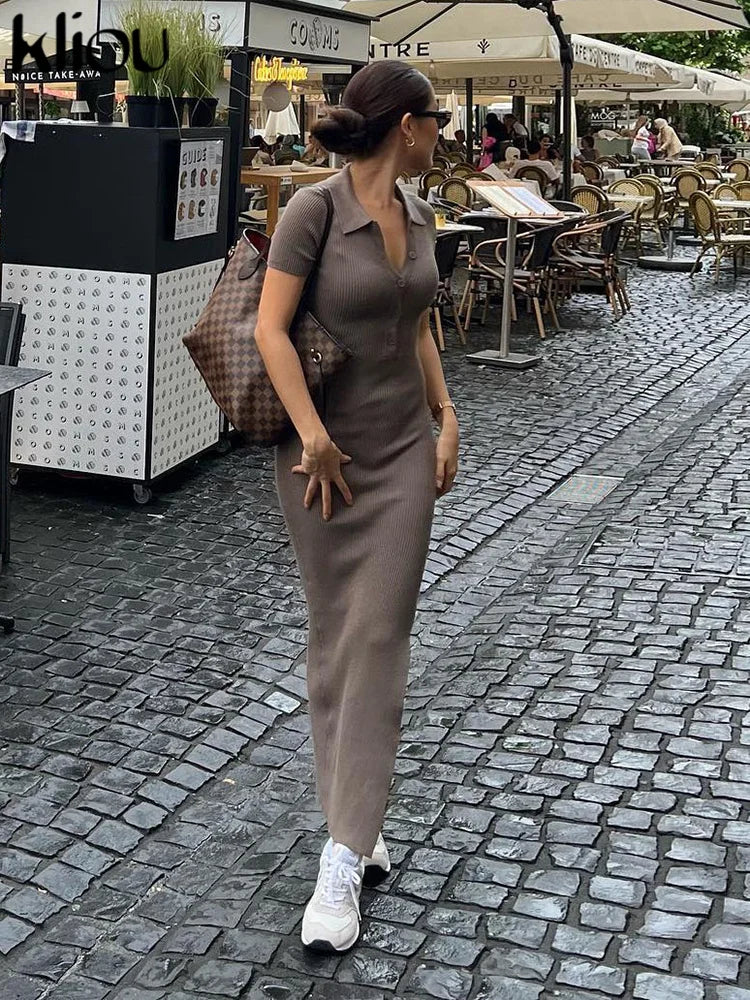 Elegant Office Lady Maxi Dress with Solid Fabric, Turn-Down Collar, Short Sleeves, Button Details, Side Slit, Body-Shaping Fit, Street Style Robe