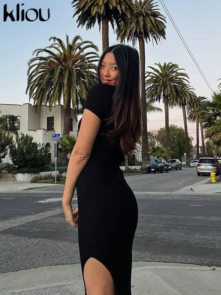 Elegant Office Lady Maxi Dress with Solid Fabric, Turn-Down Collar, Short Sleeves, Button Details, Side Slit, Body-Shaping Fit, Street Style Robe