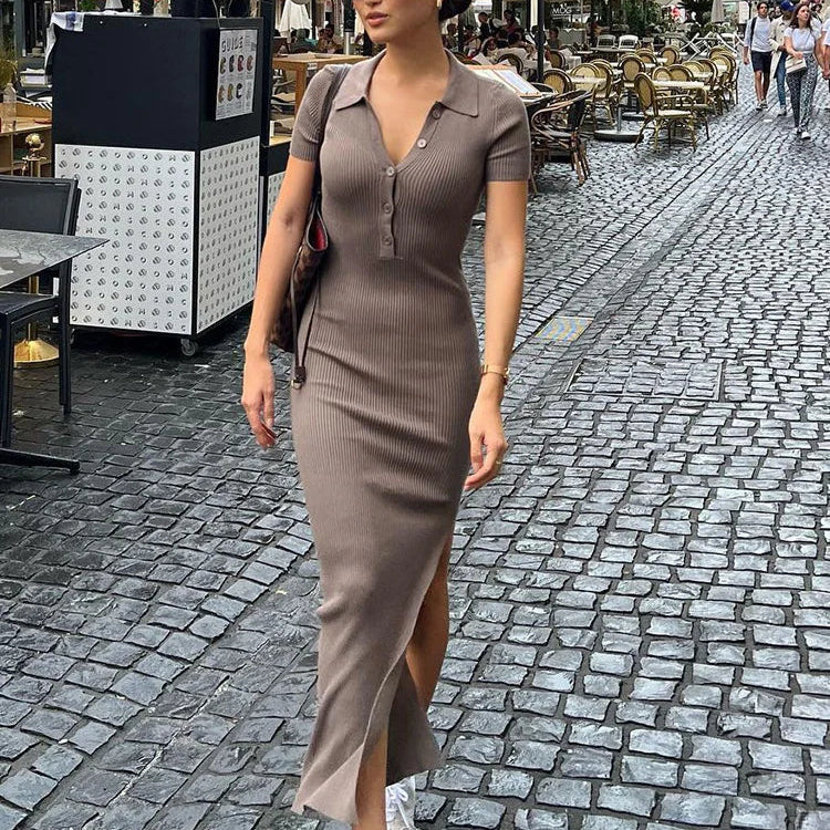Elegant Office Lady Maxi Dress with Solid Fabric, Turn-Down Collar, Short Sleeves, Button Details, Side Slit, Body-Shaping Fit, Street Style Robe