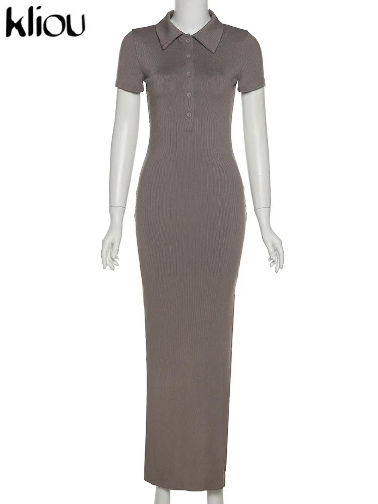 Elegant Office Lady Maxi Dress with Solid Fabric, Turn-Down Collar, Short Sleeves, Button Details, Side Slit, Body-Shaping Fit, Street Style Robe