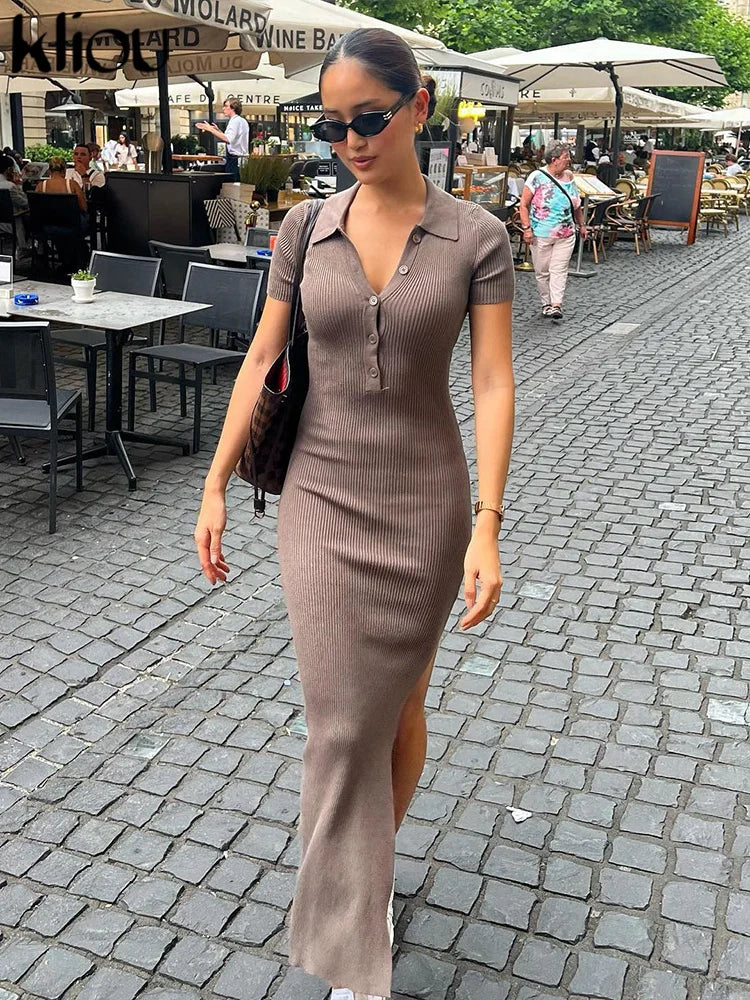 Elegant Office Lady Maxi Dress with Solid Fabric, Turn-Down Collar, Short Sleeves, Button Details, Side Slit, Body-Shaping Fit, Street Style Robe