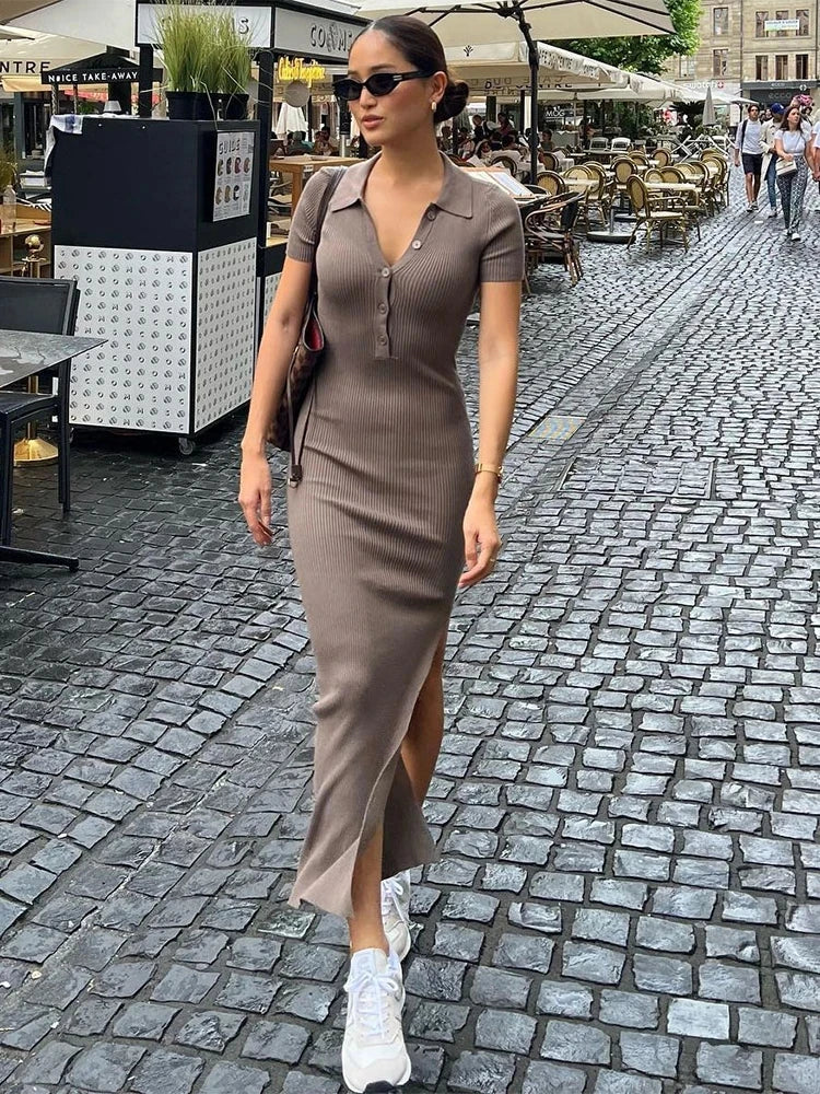 Elegant Office Lady Maxi Dress with Solid Fabric, Turn-Down Collar, Short Sleeves, Button Details, Side Slit, Body-Shaping Fit, Street Style Robe