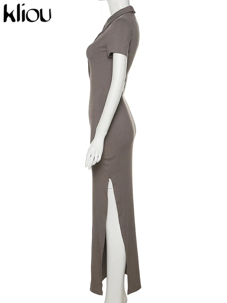 Elegant Office Lady Maxi Dress with Solid Fabric, Turn-Down Collar, Short Sleeves, Button Details, Side Slit, Body-Shaping Fit, Street Style Robe