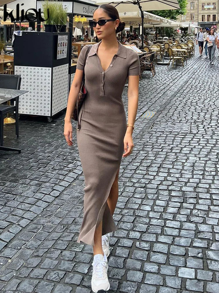 Elegant Office Lady Maxi Dress with Solid Fabric, Turn-Down Collar, Short Sleeves, Button Details, Side Slit, Body-Shaping Fit, Street Style Robe