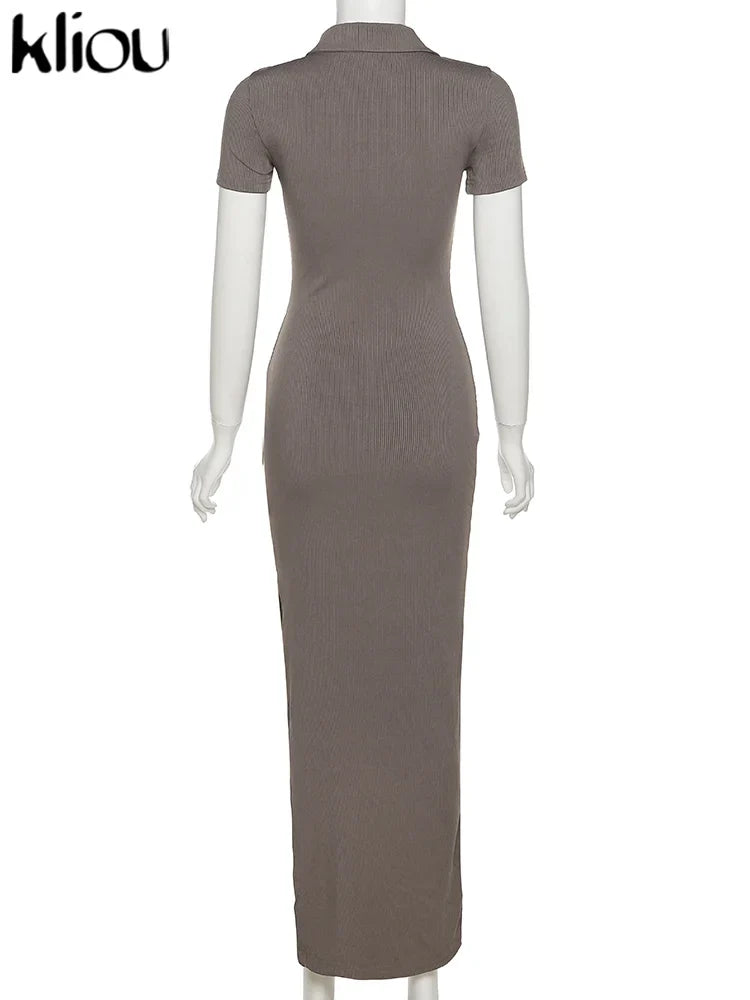 Elegant Office Lady Maxi Dress with Solid Fabric, Turn-Down Collar, Short Sleeves, Button Details, Side Slit, Body-Shaping Fit, Street Style Robe