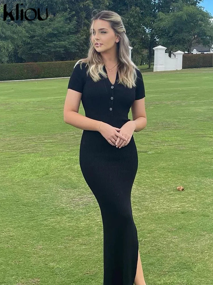 Elegant Office Lady Maxi Dress with Solid Fabric, Turn-Down Collar, Short Sleeves, Button Details, Side Slit, Body-Shaping Fit, Street Style Robe