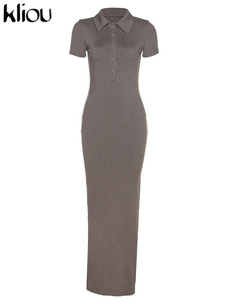 Elegant Office Lady Maxi Dress with Solid Fabric, Turn-Down Collar, Short Sleeves, Button Details, Side Slit, Body-Shaping Fit, Street Style Robe