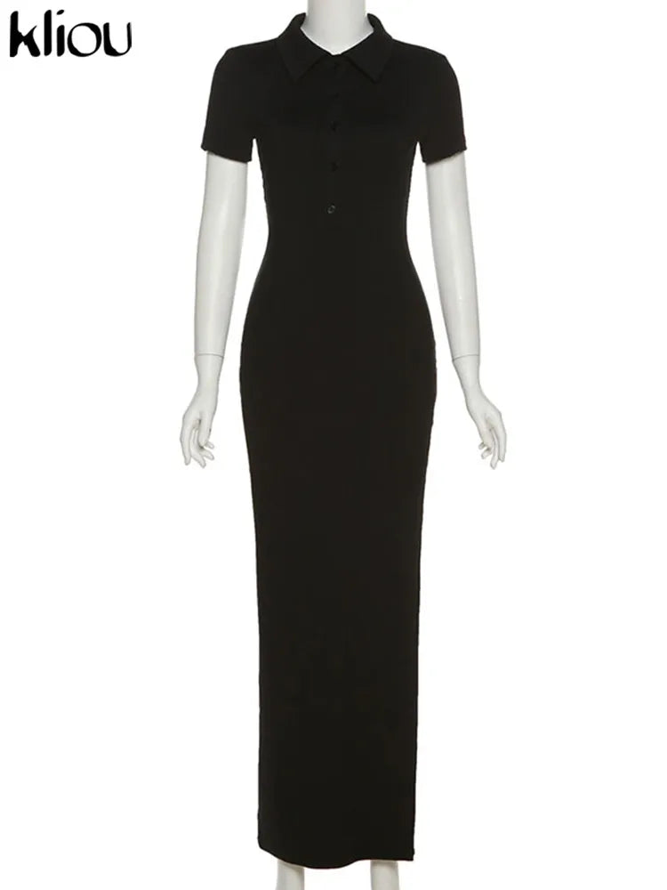 Elegant Office Lady Maxi Dress with Solid Fabric, Turn-Down Collar, Short Sleeves, Button Details, Side Slit, Body-Shaping Fit, Street Style Robe