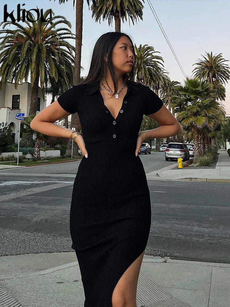 Elegant Office Lady Maxi Dress with Solid Fabric, Turn-Down Collar, Short Sleeves, Button Details, Side Slit, Body-Shaping Fit, Street Style Robe