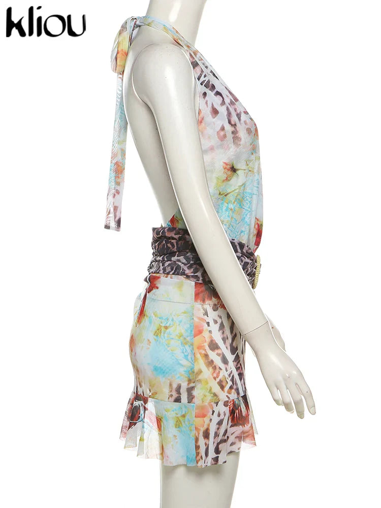 Aesthetic Printed Women Mini Dress with Sexy Halter Neck Deep V-Neck Ruffle Backless Design Bodycon Fit for Festival and Trendy Events