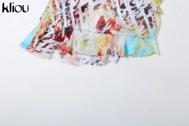 Aesthetic Printed Women Mini Dress with Sexy Halter Neck Deep V-Neck Ruffle Backless Design Bodycon Fit for Festival and Trendy Events