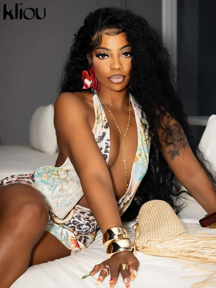 Aesthetic Printed Women Mini Dress with Sexy Halter Neck Deep V-Neck Ruffle Backless Design Bodycon Fit for Festival and Trendy Events